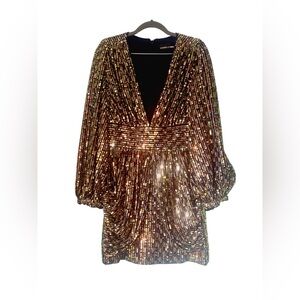 New York & Company Gold Sequin Long Sleeve Dress